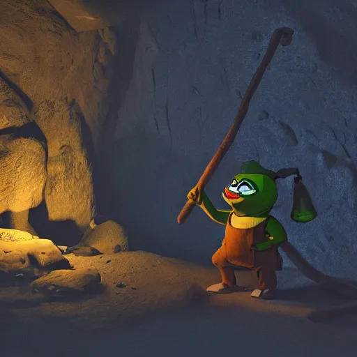 Prompt: pepe the miner in a dark cave, realistic, detailed, photography, artstation, dramatic light