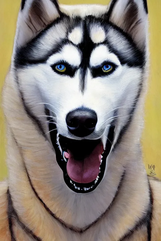 Image similar to a portrait painting of a husky in cowboy costume, character design, anime, humanoid, personify, anthropomorphic