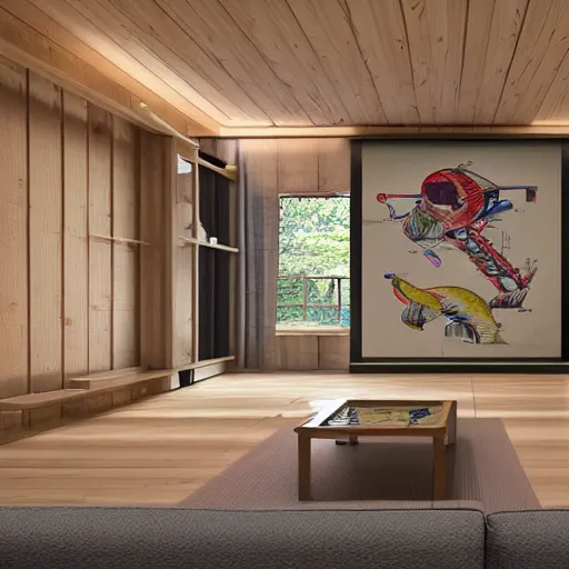 Prompt: modern futuristic interior home design, Japanese wooden house with many art drawings on the wall, photorealistic, ultra-detailed, 4k high resolution, HDR shot, cinematic lighting