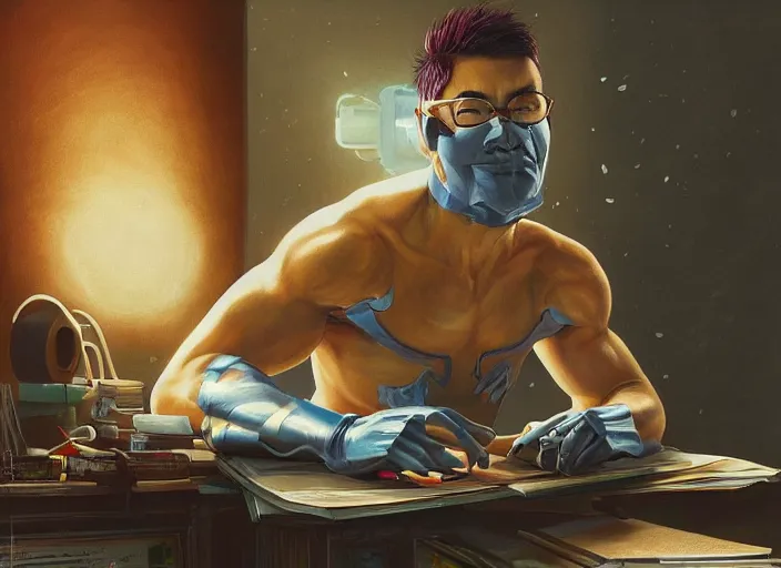 Image similar to an insanely detailed and realistic painting of an asian man wearing a homemade superhero costume, sitting at a desk, staring seriously at the computer and typing, in the style of peter mohrbacher, james jean, artgerm, dramatic lighting and composition, surreal background, octane render, pixar, trending on artstation, concept art, comic book, 8 k