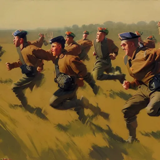 Prompt: greg manchess painting of a group of men running in a field wearing military uniform, painting, trending on artstation, by huang guangjian and gil elvgren and sachin teng