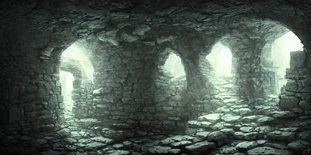 Prompt: an ancient dungeon interior tunnel with stone walls, gentle ambient lighting, bridges and railings, stagnant water, trending on artstation, fantasy