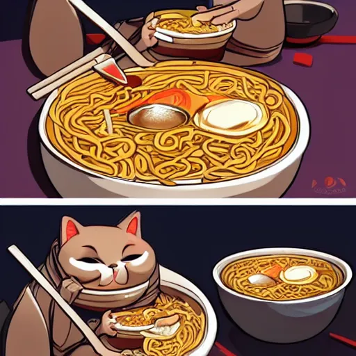 Image similar to fat cat eating ramen noodles on toast, japanese art artstation trending