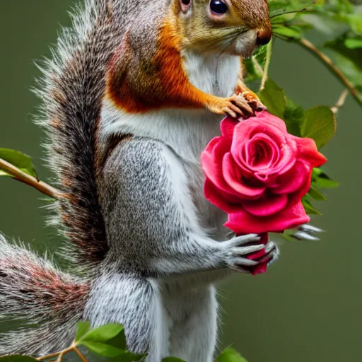 Prompt: Squirrel eating rose bush, realistic artstyle, wide shot, dramatic lighting, octane render, hyperrealistic, high quality, highly detailed, HD, beautiful, cinematic, 8k, unreal engine, facial accuracy, symmetrical