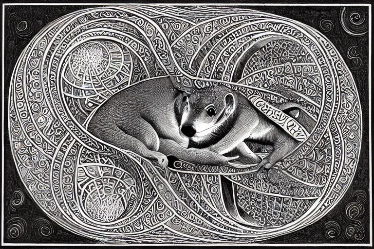 Image similar to an ornate illustration in the styles of mandalas and fractals, the styles of escher and penrose, depicting a weasel staring deep into the heart of the impossible all - and - nothing of the emerging technological singularity ; / what has god wrought? / he seems to be whispering.