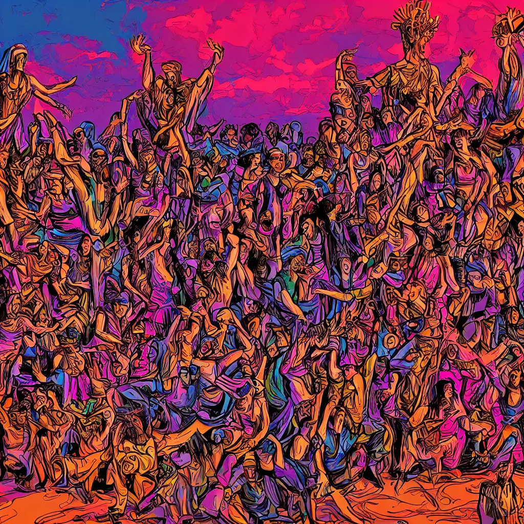 Image similar to a wooden Slavic totem of Piorun god surrounded by dancing people. Synthwave style digital art picture