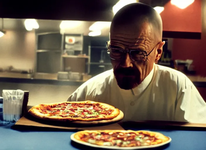 Image similar to beautiful portrait of walter white eating pizza sloppy sauce, chuck - e - cheese, dramatic lighting, moody film still from breaking bad ( 2 0 1 2, 3 5 mm kodak color stock, 2 4 mm lens, directed by rian johnson, ecktochrome