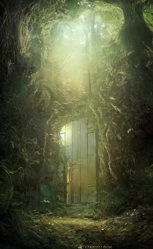 Image similar to a door opening with an ambient light in the forest at night, dynamic lighting, photorealistic fantasy concept, trending on art station stunning, stunning visuals, creative, cinematic, ultra detailed