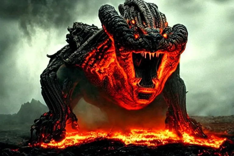 Prompt: movie still, enormous balrog roaring fire at the bridge of khazad - dum, style of h. r. giger, fiery, dark, realistic movie still, cinematic, cgi,