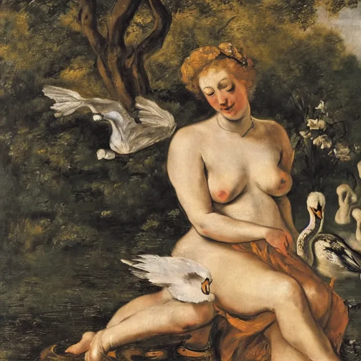 Prompt: leda with swan in a stunning landscape, golden light in center of painting, oil painting by frans hals