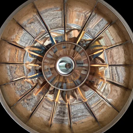 Prompt: a photo of a brilliantly luminous, spirit-containing, gleaming, spoked jasper wheel within a wheel intersecting on perpendicular axes with high and awesome rims covered round about in eyes