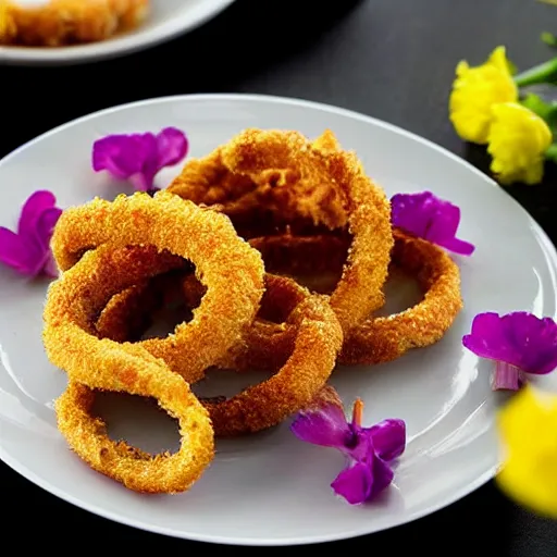 Prompt: Onion rings served with edible flowers, recipe photograph