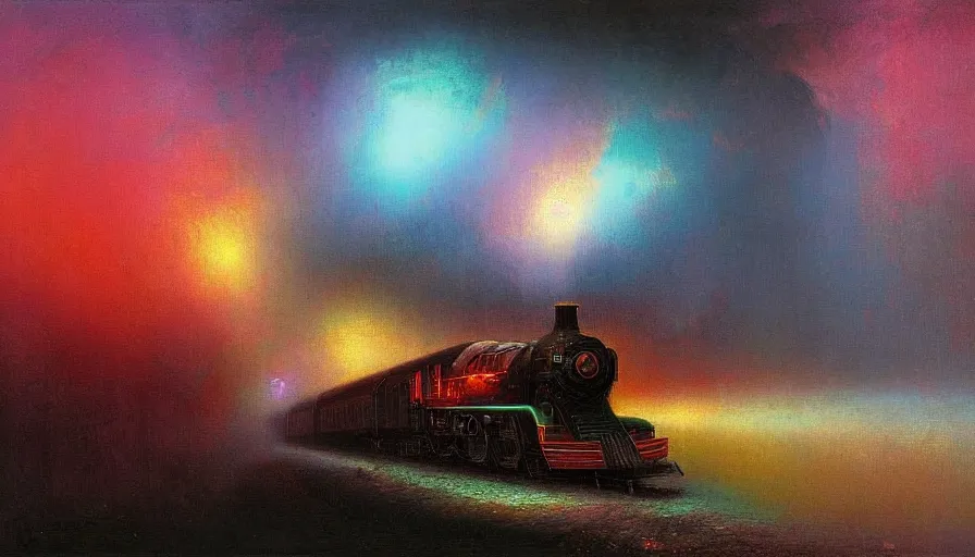 Image similar to a train driving through a psychedelic tunnel, by ivan aivazovski,