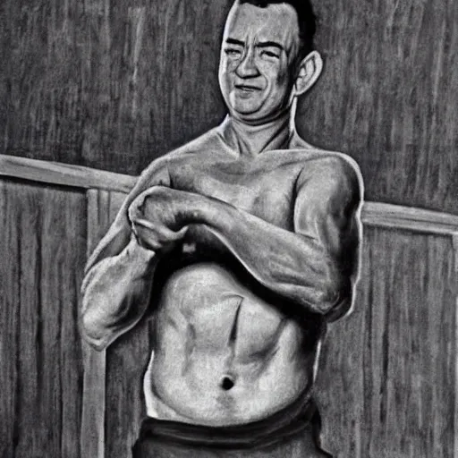 Prompt: very stylised old portrait of tom hanks dancing shirtless at auschwitz