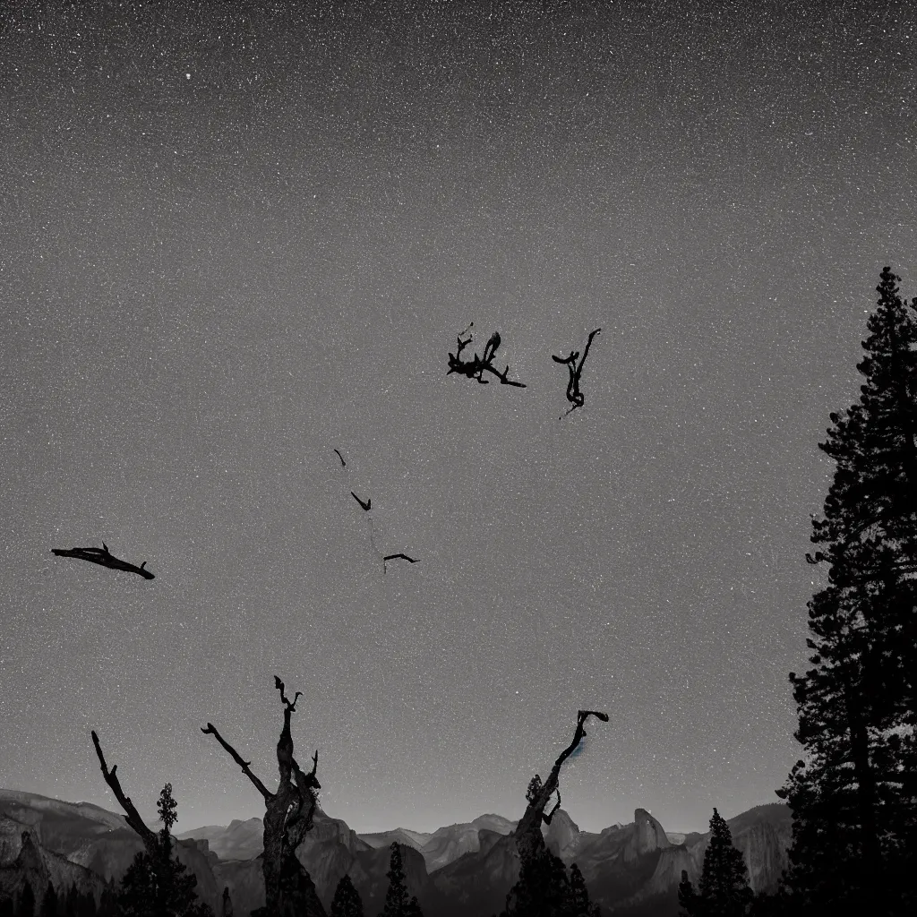 Image similar to to fathom hell or soar angelic, just take a pinch of psychedelic, a colossal minimalistic necktie sculpture installation by ( ( anthony caro ) ) and ( antony gormley ), reimagined by future artists in yosemite national park, granite peaks visible in the background, in the distant future, taken in the night