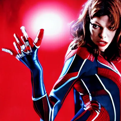 Image similar to Mila Jovovich as spiderwoman , film still, best scene, 4k