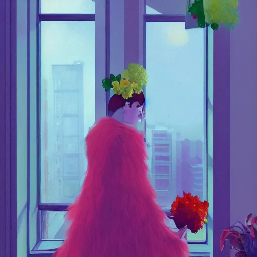 Image similar to closeup, giant flower head, woman next to modern windows, luxury apartment, surreal photography, dramatic light, impressionist painting, digital painting, artstation, james gilleard