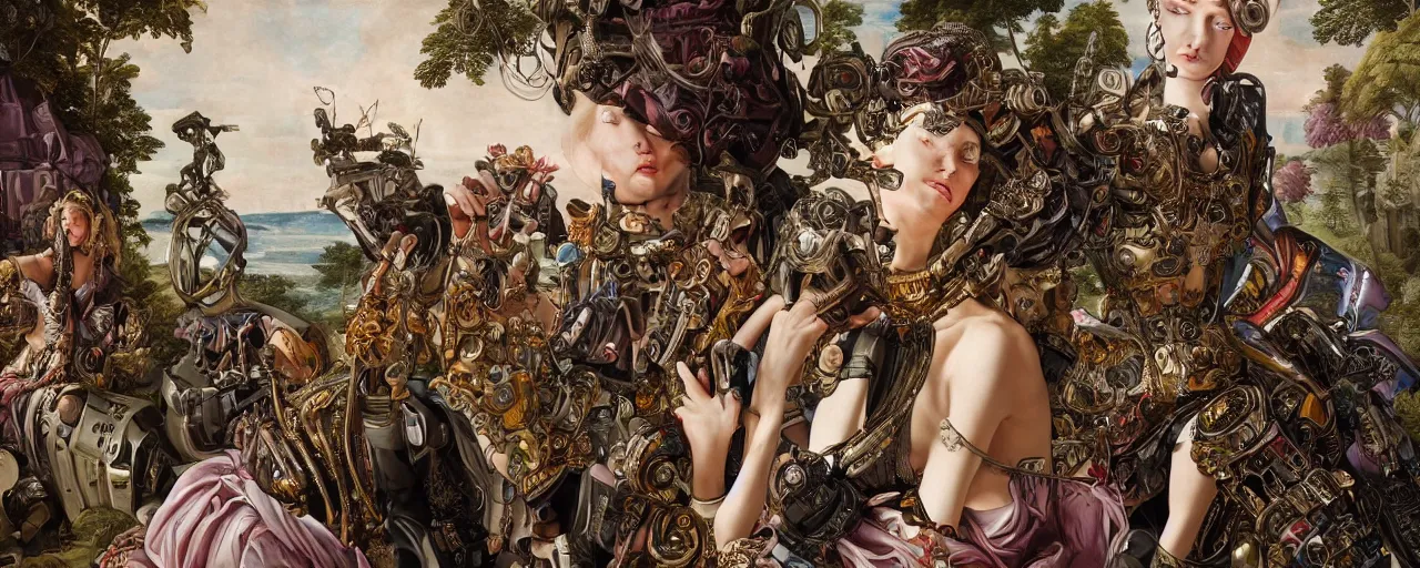 Prompt: hyperdetailed photorealistic elaborate cyborgs with elegant maximalist baroque cloths. seen from the distance in a wide beautiful natural landscape. in the style of Caravaggio and Botticelli, with liberty cyberpunk and extremely intricate flemish baroque mixed media elements. beautiful! pastel tones. matte background HD 8x