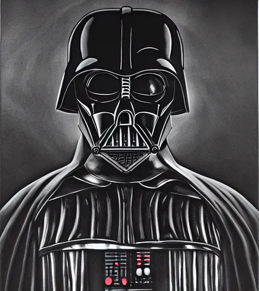Image similar to black-and-white portrait of Darth Vader by H. R. Giger; realistic-lighting