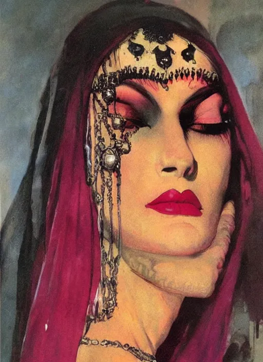 Image similar to female indian vampiress, jeweled veil, heavy mascara, strong line, saturated color, beautiful! coherent! by frank frazetta, high contrast, minimalism