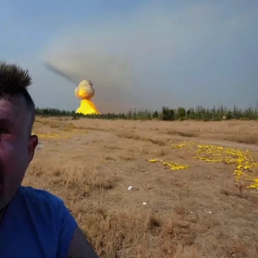 Image similar to a selfie of a ukrainian in yellow - blue rags against the backdrop of a nuclear explosion shoots himself in the head to die a less painful death