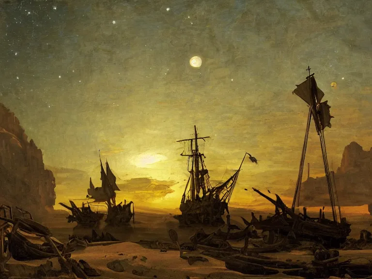 Image similar to an oil painting of an ancient shipwreck in the middle of an alien desert at dusk, aurora and stars light up the sky by carl spitzweg and tuomas korpi. baroque elements, full-length view. baroque element. intricate artwork by caravaggio. Trending on artstation. 8k