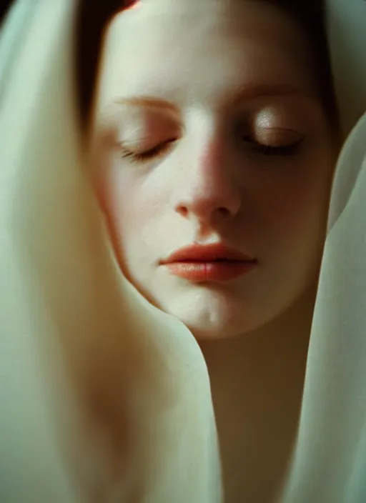 Image similar to out of focus photorealistic portrait of a beautiful!!! aesthetic!!! pale woman by saul leiter, behind a white latex sheet, very blurry, translucent white skin, closed eyes, foggy