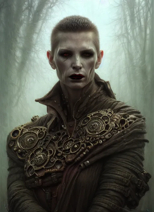 Image similar to closeup portrait shot of a vampire warrior in a scenic dystopian environment, intricate, elegant, highly detailed, centered, digital painting, artstation, concept art, smooth, sharp focus, illustration, artgerm, tomasz alen kopera, peter mohrbacher, donato giancola, joseph christian leyendecker, wlop, boris vallejo