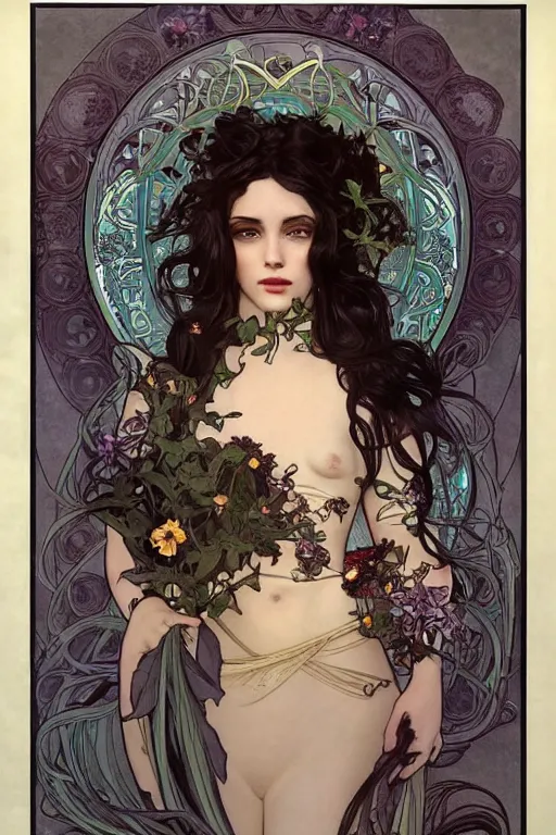 Image similar to a goddess of dark flowers!! hair in the wind! with a beautiful symmetrical face!!! cinematic lightning, murky dusty deep, smoky eyes, isolated, studio lighting by alphonse mucha and tom bagshaw