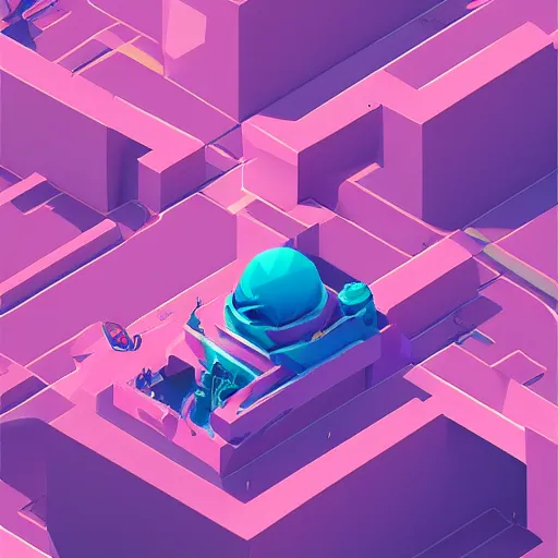 Image similar to beautiful digital rose in stunning pink sea, VERY LIGHT purple and blue scheme, isometric, by Anton Fadeev and Simon Stalenhag, trending on artstation, low contrast