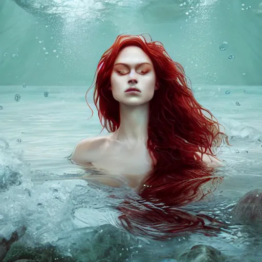 Prompt: a portrait of woman with long dark curly red hair under the water, stoic, pale skin, scales, mermaid, alone, white eyes, dramatic, epic painting, painting by wlop and nixeu, semirealism, artstation, octane render, sharpness, 8 k, golden ratio