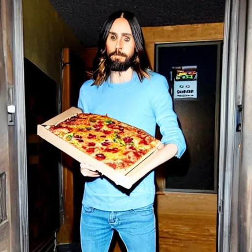 Prompt: photo of jared leto standing in a doorway delivering a pizza with fish on top