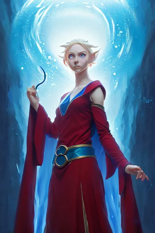 Image similar to elf female sorcerer doing water magic spells, blue robes, red hair, finely detailed perfect face, exquisite details, mid view, design on a white background, by studio muti, greg rutkowski makoto shinkai takashi takeuchi studio ghibli