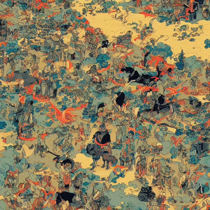 Image similar to samurai farm, by james jean