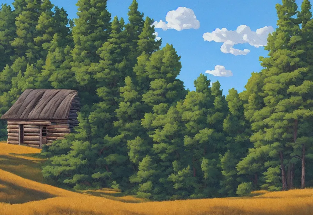 Prompt: a landscape painting of an old wooden hunters cabin in the woods, painting by kenton nelson, partly cloudy blue skies