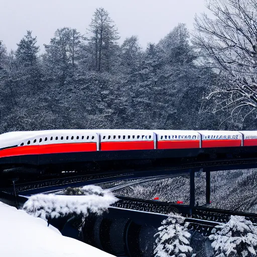 Image similar to desktop wallpaper of a bullet train riding over a bridge through a cold snowy landscape, trending on artstation