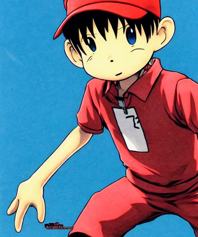 Image similar to ness from earthbound, highly detailed anime illustration, by takeshi obata, yoshitaka amano, ross tran, hirohiko araki, koyoharu gotouge