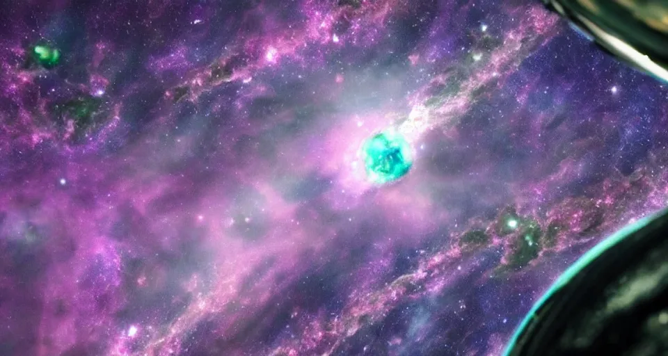 Image similar to view of the planet down below. space station pov. screenshot from the new sci - fi film directed by denis villeneuve 4 k. cinema. close orbital of a new alien world nested within an asteroid belt nebula. purple and green lightning aurora upon it's surface.