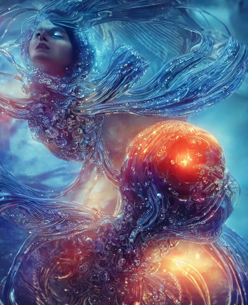 Image similar to close-up macro portrait of the face of a beautiful princess, epic angle and pose, symmetrical artwork, 3d with depth of field, blurred background, cybernetic jellyfish female face skull phoenix bird, translucent, nautilus, energy flows of water and fire. a highly detailed epic cinematic concept art CG render. made in Maya, Blender and Photoshop, octane render, excellent composition, cinematic dystopian brutalist atmosphere, dynamic dramatic cinematic lighting, aesthetic, very inspirational, arthouse. y Greg Rutkowski, Ilya Kuvshinov, WLOP, Stanley Artgerm Lau, Ruan Jia and Fenghua Zhong