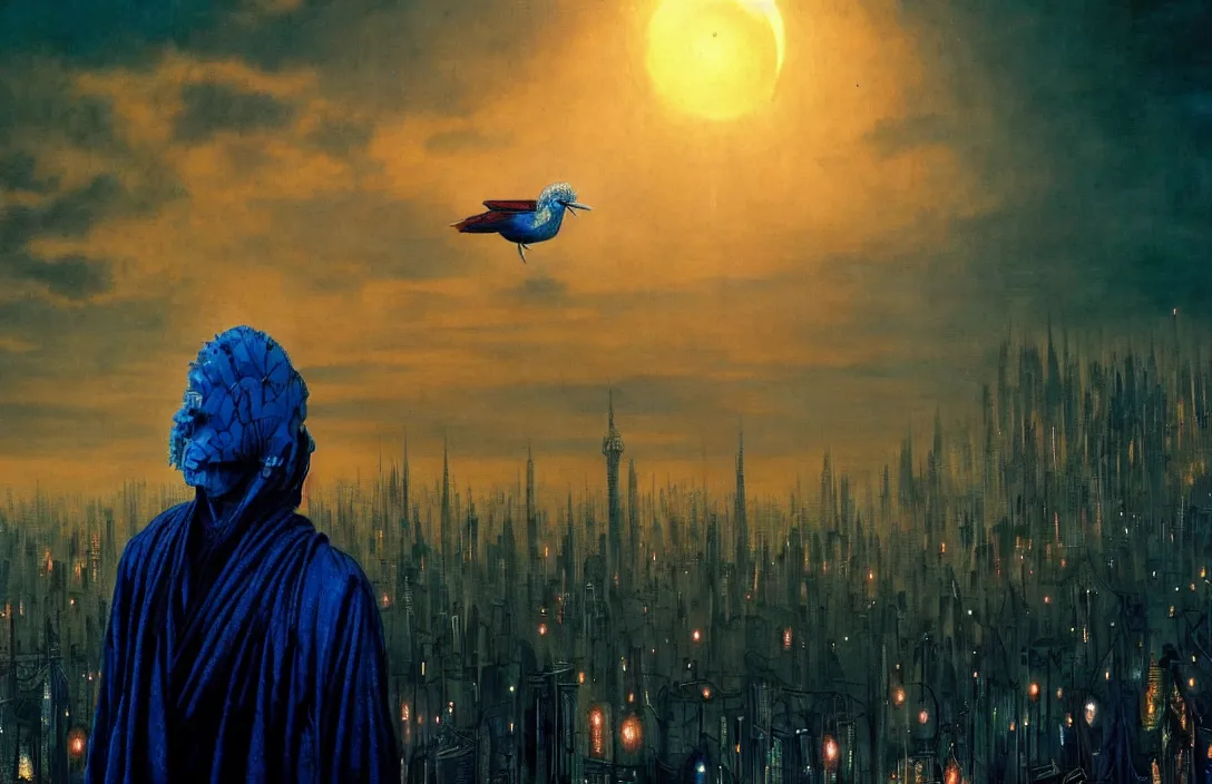 Image similar to realistic detailed portrait movie shot of a birdman in dark ragged robes, futuristic city sunset landscape background by denis villeneuve, amano, yves tanguy, alphonse mucha, ernst haeckel, max ernst, alejandro jodorowsky, masterpiece, rich moody colours, bird head, blue eyes, hyperdetailed