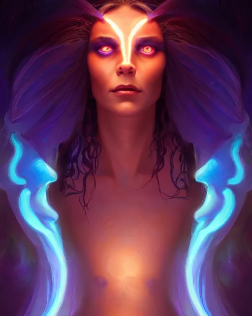 Prompt: epic fantasy render portrait of a beautiful bioluminescent woman with glowing eyes, dark retrowave, highly detailed, digital painting, cinematic, hyperrealism, rpg portrait, dynamic lighting, art by boris vallejo and julie bell and magali villeneuve and alphonse mucha, artstation, octane render, cgsociety