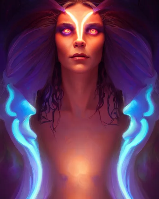 Image similar to epic fantasy render portrait of a beautiful bioluminescent woman with glowing eyes, dark retrowave, highly detailed, digital painting, cinematic, hyperrealism, rpg portrait, dynamic lighting, art by boris vallejo and julie bell and magali villeneuve and alphonse mucha, artstation, octane render, cgsociety