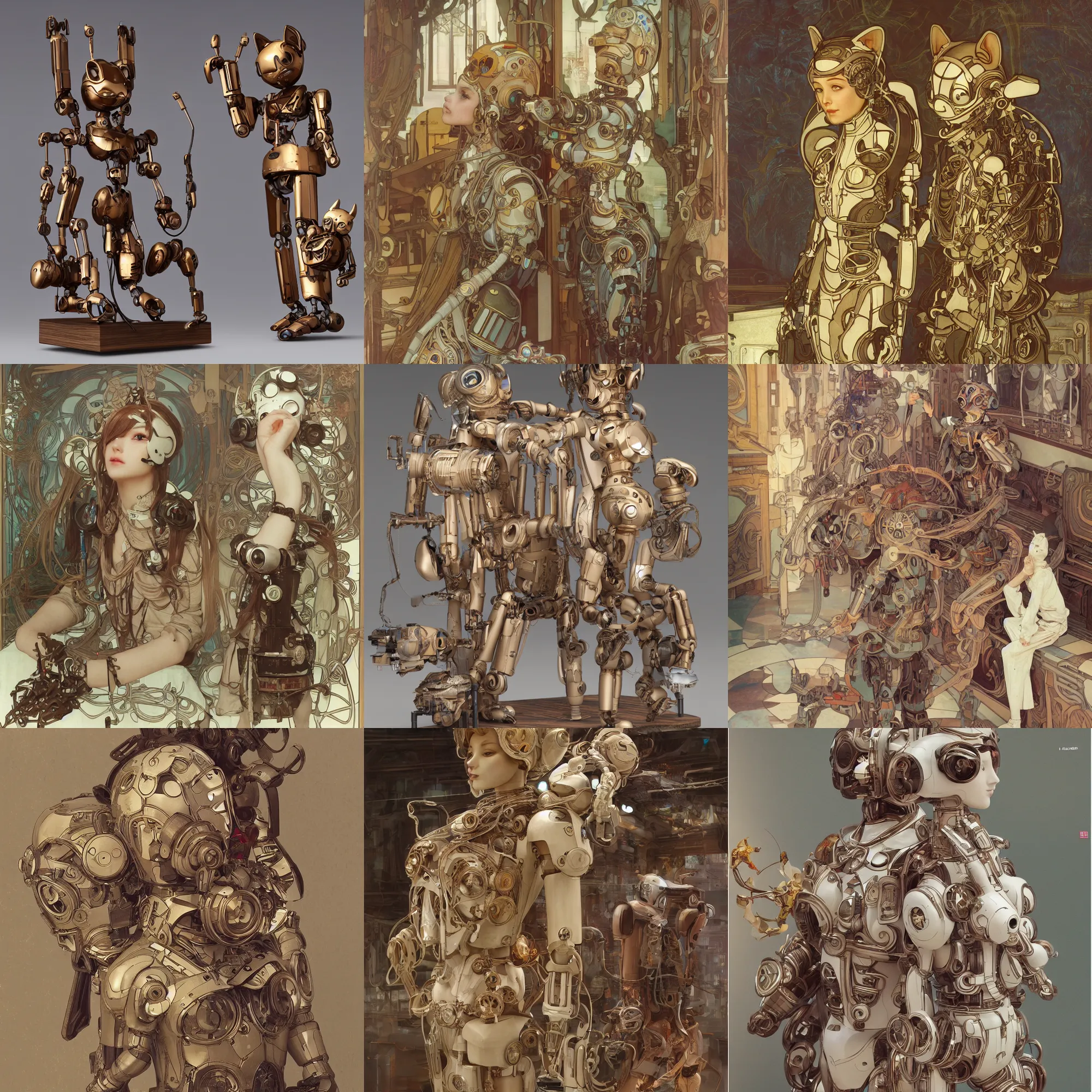 Image similar to 3D 8k octan render photorealistic detailed unreal engine a wooden sculpture art toys wooden on feet very cute robot with cat ears zen méditation cyberpunk concept art ,a contemporary art gallery art by Alphonse Mucha