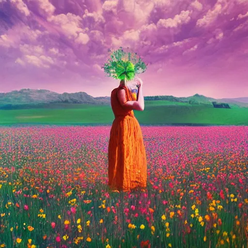 Prompt: woman with a flower face, standing in flower field, surreal photography, manipulation, sunrise, impressionist painting, colorful clouds, artstation, dali, simon stalenhag