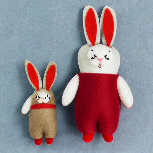 Image similar to a cute elegant felt plush doll of a rabbit wearing overalls