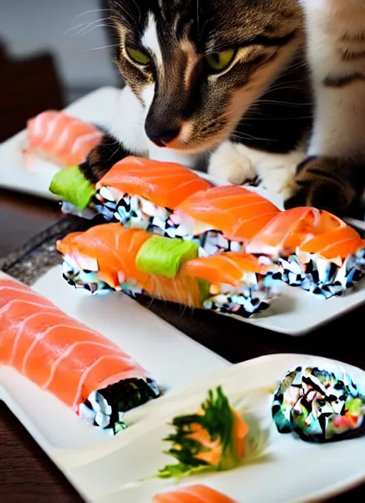 Image similar to clear photograph of cute cats stealing sushi from sushi plates