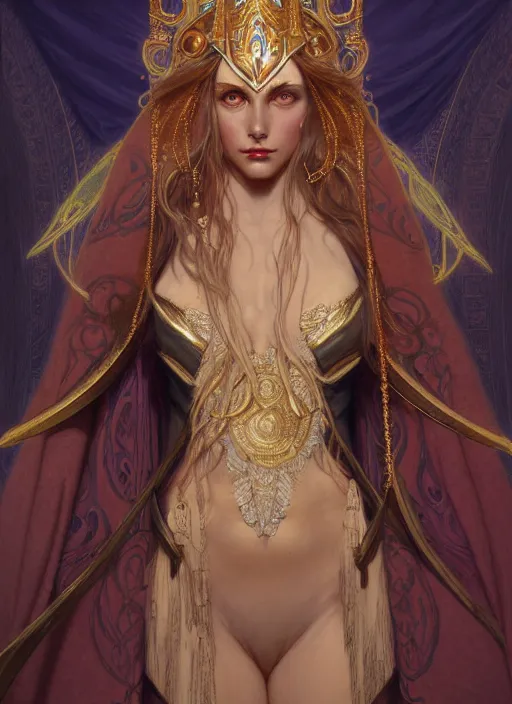 Prompt: character portrait of a wizard woman, tall, feminine, powerful, modestly clothed, voluminous, intricate, elegant, highly detailed, digital painting, artstation, smooth, symmetrical, sharp focus, illustration, art by gaston bussiere and alphone mucha