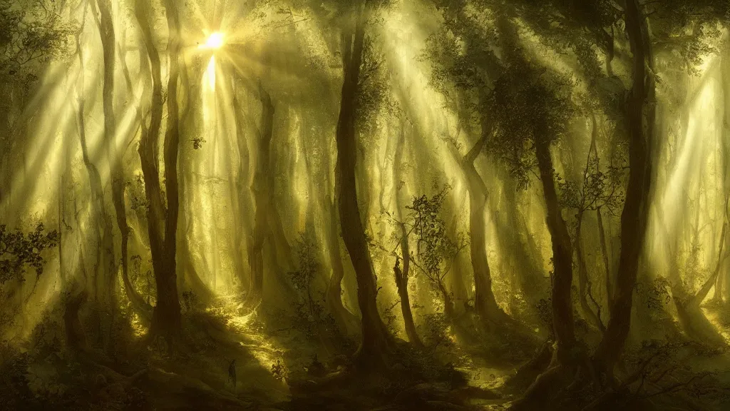 Image similar to A Leonardo da Vinci oil painting of a hauntingly beautiful elven forest in the morning; rays of light coming through the canopy; trending on artstation; extraordinary masterpiece!!!!!!; 8k