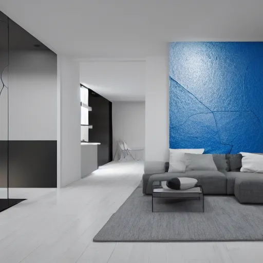 Image similar to interior of a villa, modern minimal design, pour paint art as wall texture, blue, grey, white, photorealist, 4 k