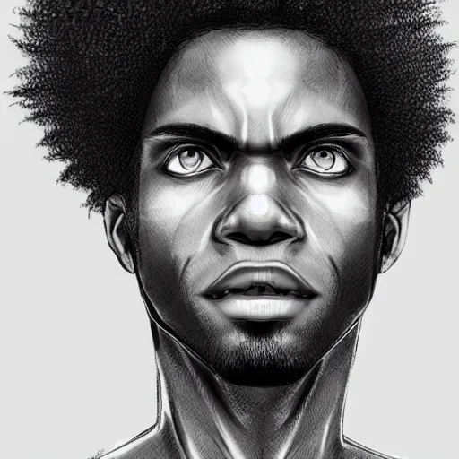 Image similar to ultra realistic illustration of a black guy with an afro, anime, highly detailed, digital art, japanese style, intricate, elegant, deviantart, concept art.